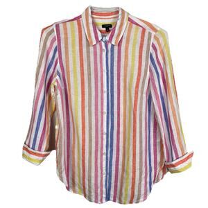 TALBOTS 100% Linen Boyfriend Shirt Petite Size LP Colorful Rockport Stripe